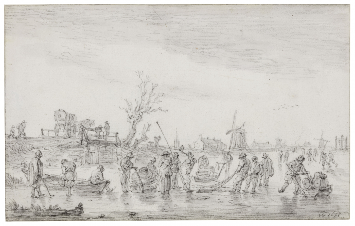 Jan van Goyen (Leyden 1596-1656 The Hague) Winter landscape with fishermen and skaters on the ice in Leyden overlooking Voorschoten (1653)