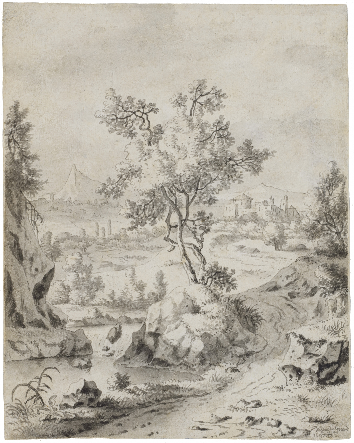 Josua de Grave (Amsterdam, 1643-1712 The Hague) Italianate landscape with rapids (1697)