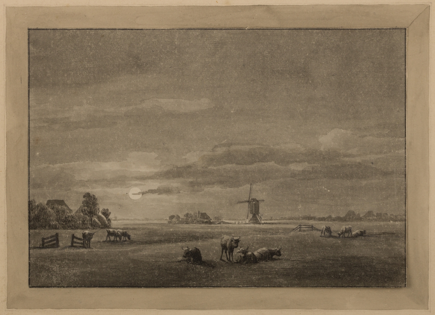 Vincent Jansz. van der Vinne (Harlem, 1736-1811) Full moon with cows in a meadow at the Zomervaart, Haarlem