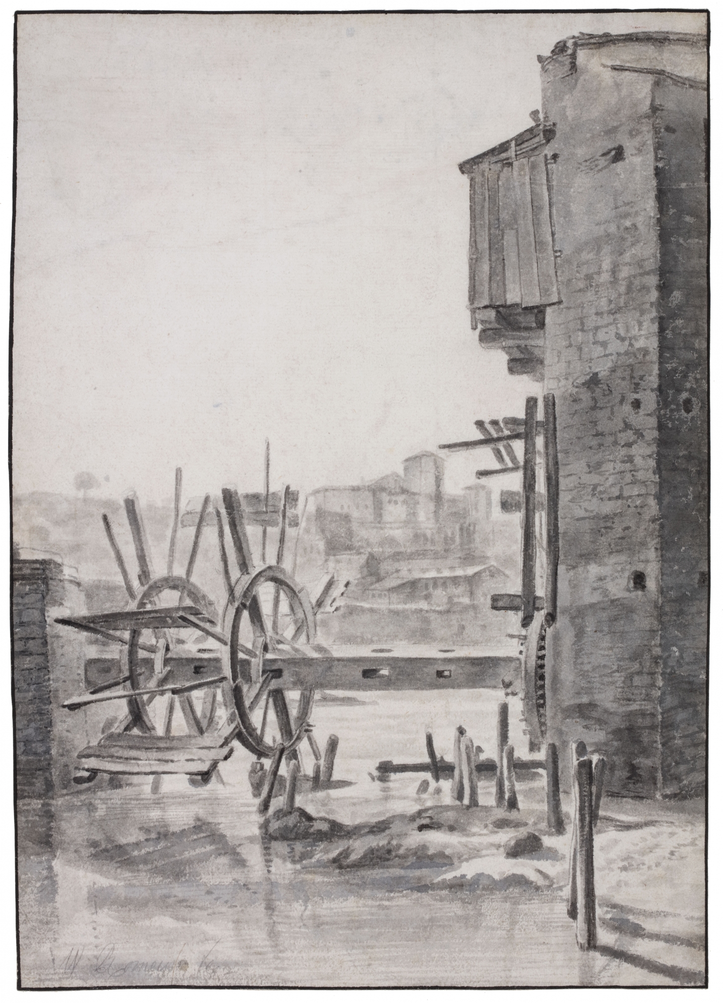 Attributed to Frederik de Moucheron (Emden 1633-1685 Amsterdam) A dilapidated watermill near Lyon (1650s)