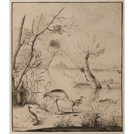 Pieter Jansz. van Ruyven (Delft 1651-1719 Delft) Dune landscape with willow trees, a heron, frog, avocet and ducks
