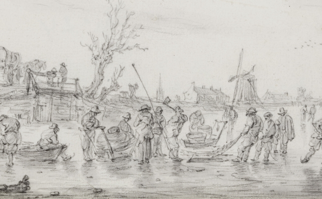 Winter landscape with fishermen and skaters on the ice in Leyden overlooking Voorschoten (1653)