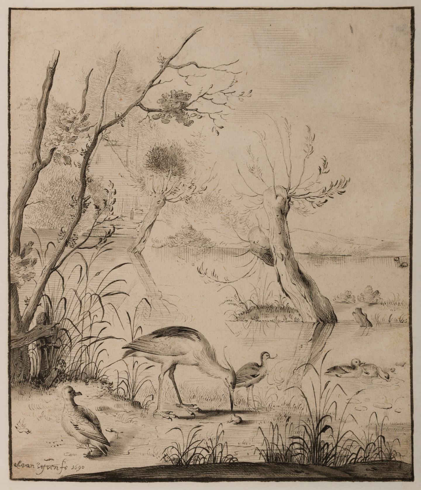 Pieter Jansz. van Ruyven (Delft 1651-1719 Delft) Dune landscape with willow trees, a heron, frog, avocet and ducks