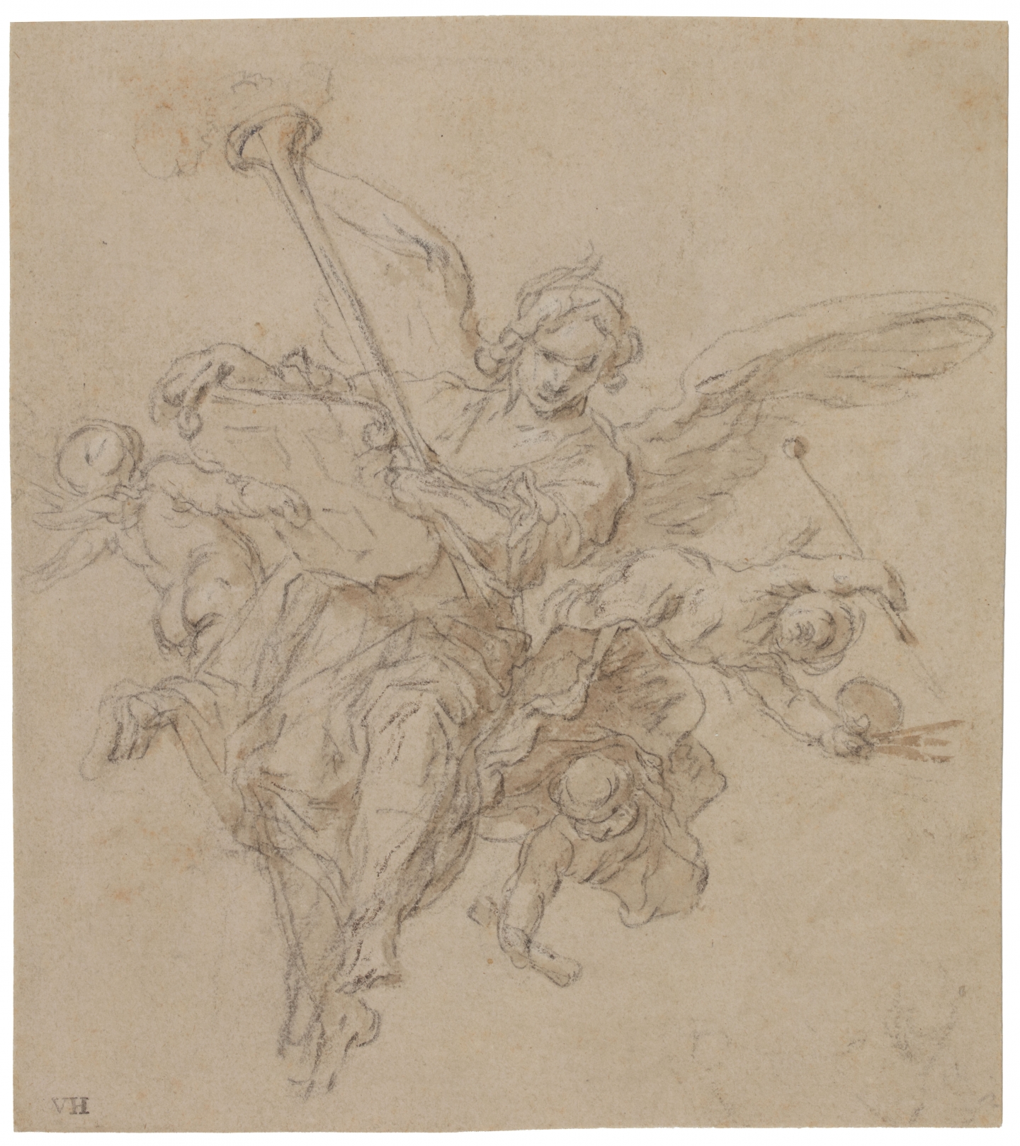 Abraham Bloemaert (Gorinchem 1566-1651 Utrecht) Fama with her trumpet, holding the coat of arms of the St. Luke’s Guild