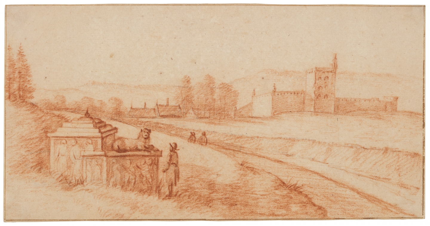 Abraham Rutgers (Amsterdam 1632 - 1699 Amsterdam) Landscape with castle and Roman sarcophagi