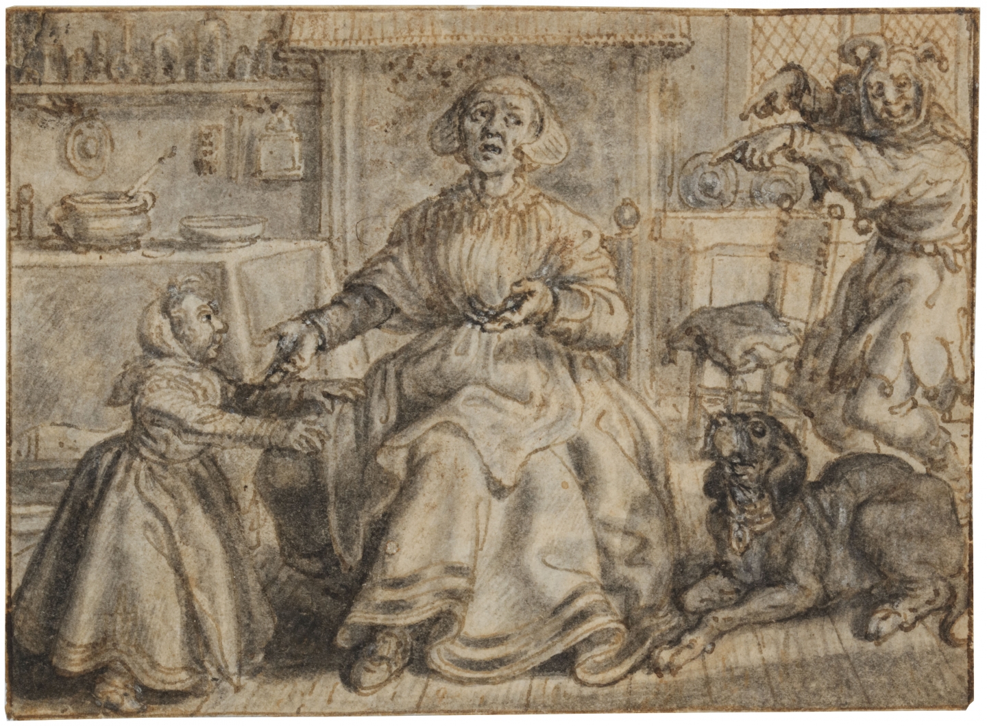 Adriaen Pietersz. van de Venne (Delft 1590-1662 The Hague) Design for a book Illustration: Woman lamenting to her Child, a jester on the far right