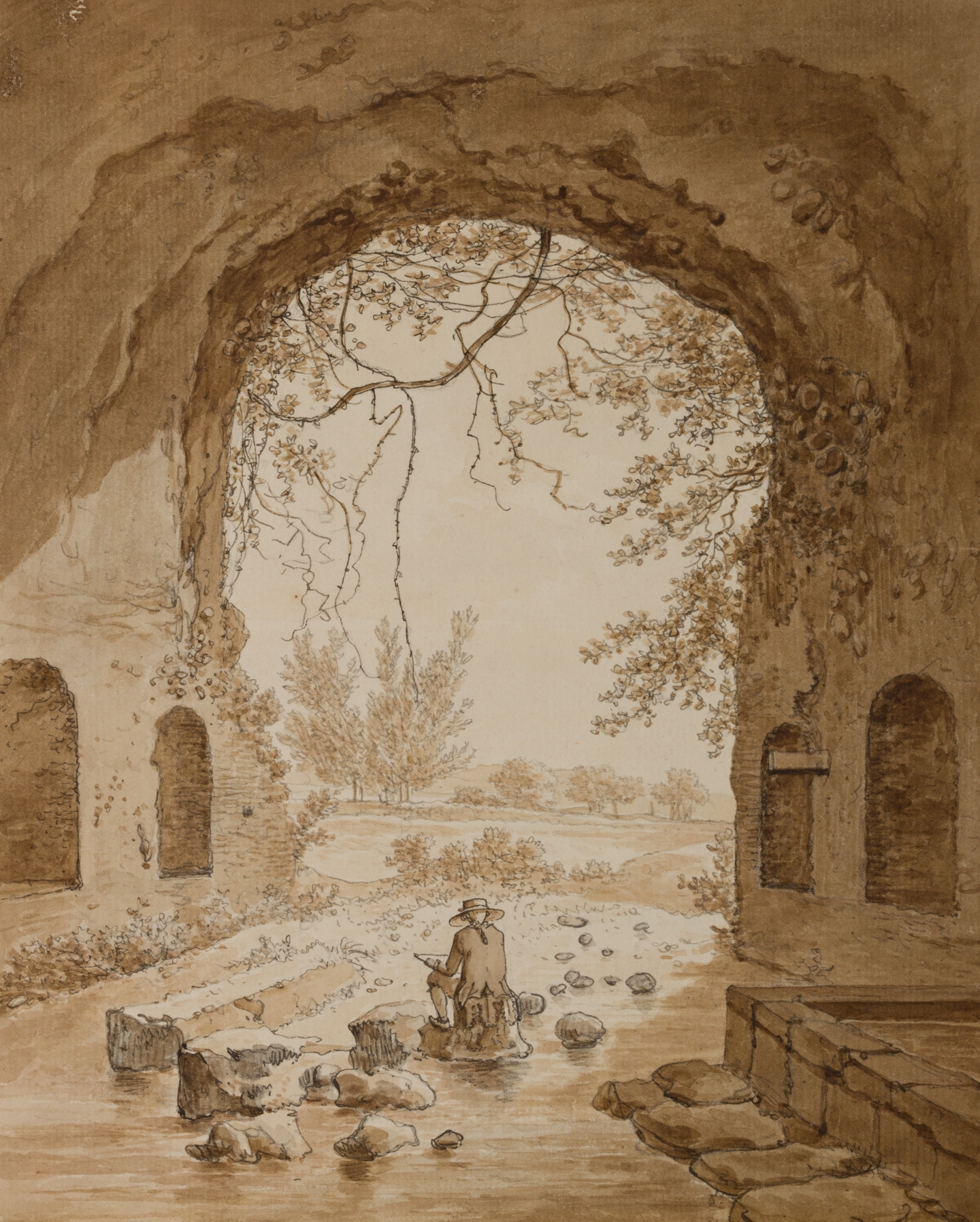 Daniël Dupré (Amsterdam, 1751-1817) Grotto of Nymph Egeria, Rome (in the centre the artist has depicted himself while sketching)