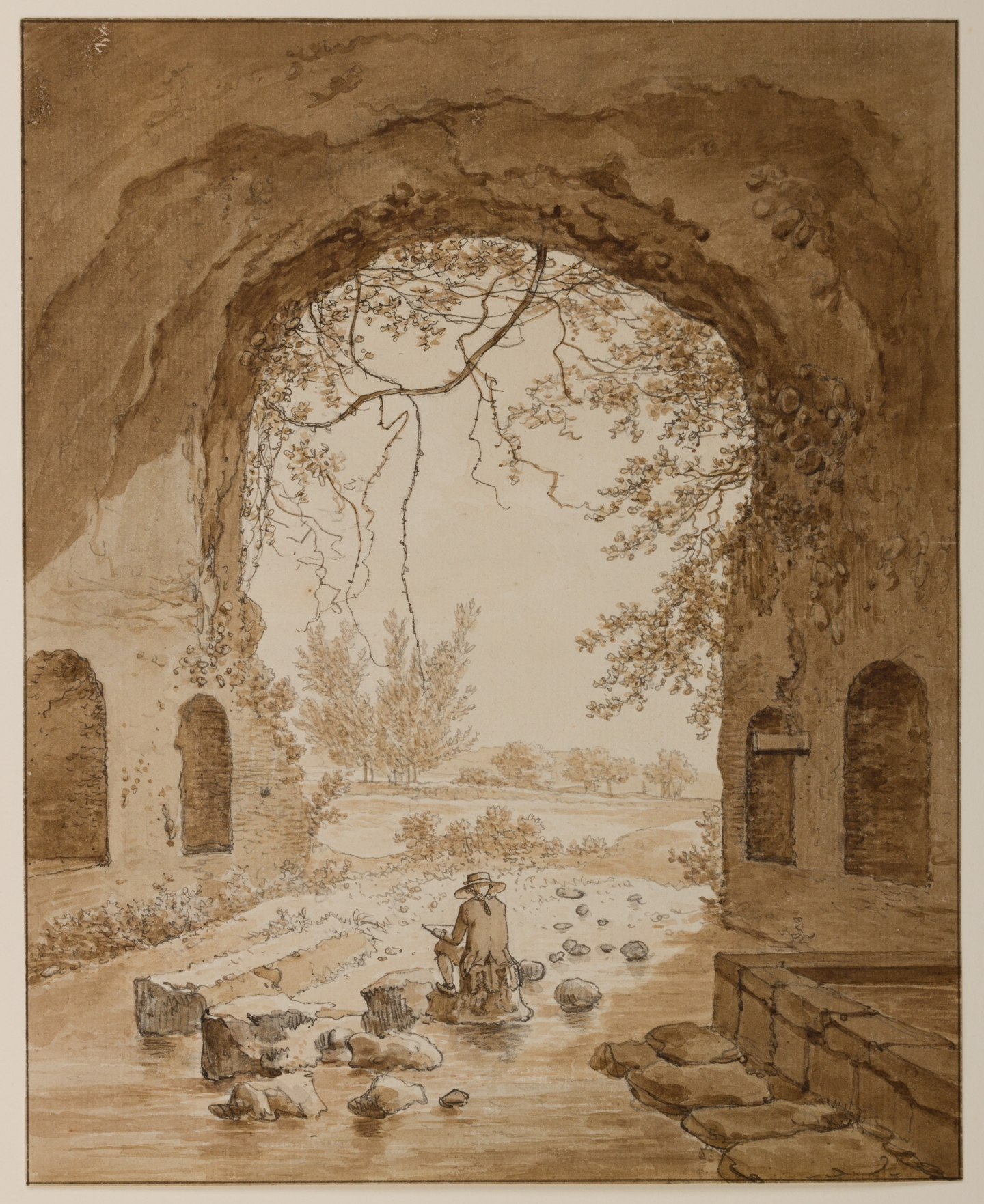 Daniël Dupré (Amsterdam, 1751-1817) Grotto of Nymph Egeria, Rome (in the centre the artist has depicted himself while sketching)