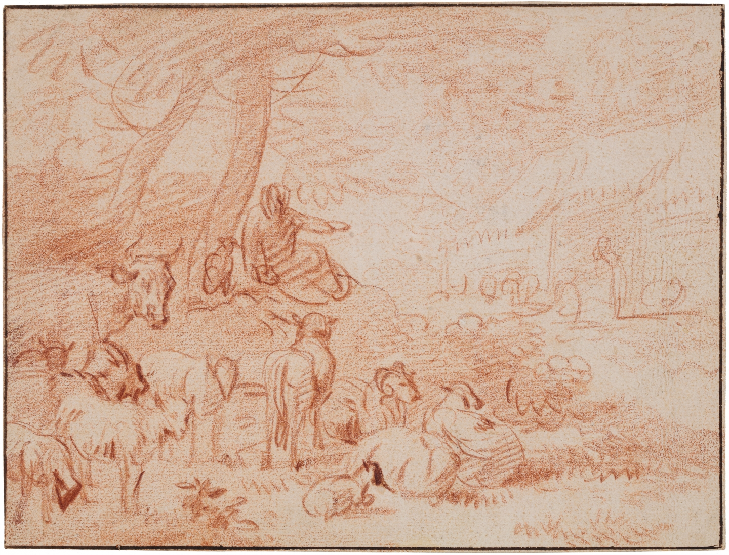 Dutch School, 17th century Sheperd with cattle and dog