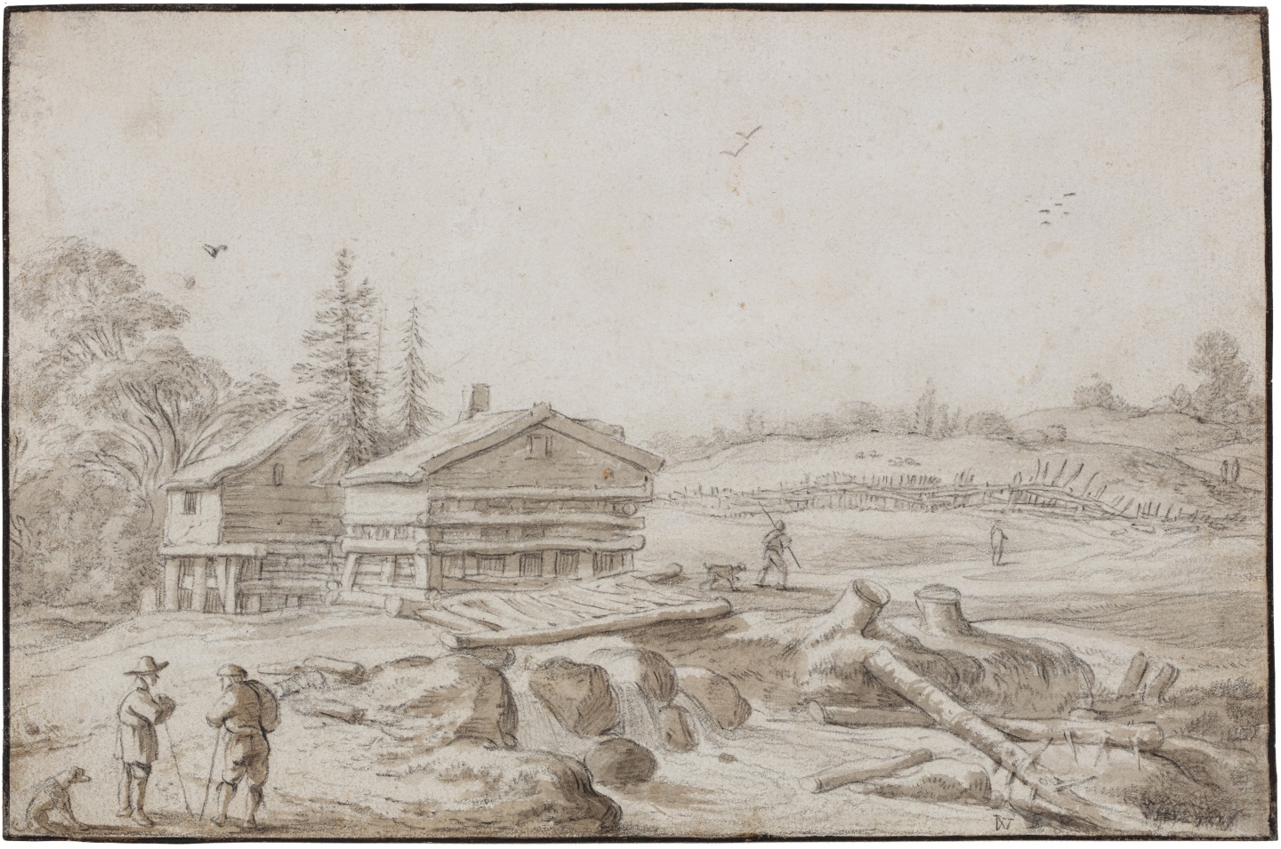 Esaias van de Velde (Amsterdam 1587-1630 The Hague) Scandinavian landscape with log cabins, rapids and travellers