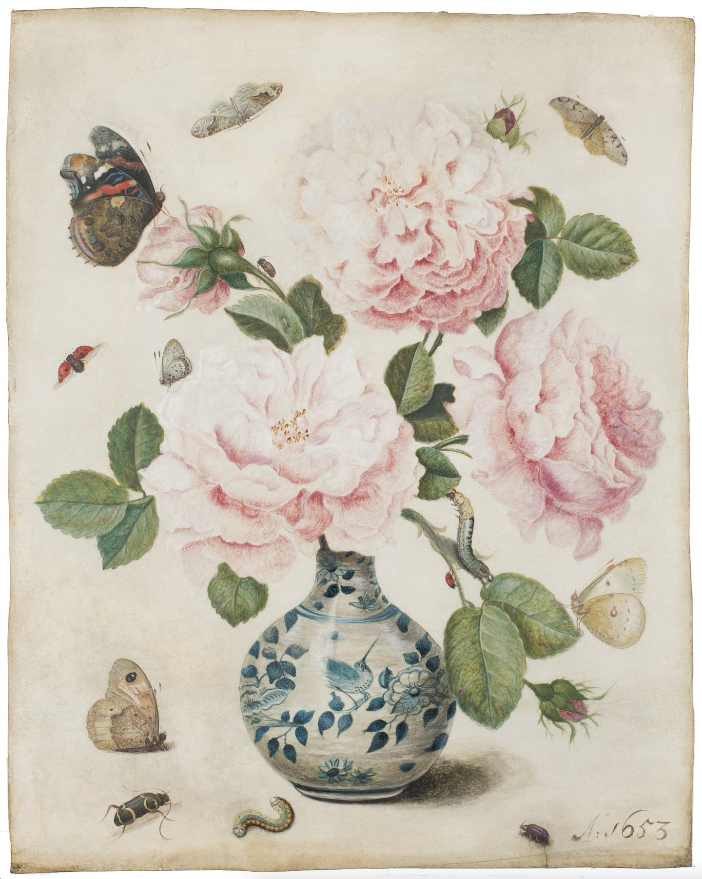 François de Geest Leeuwarden c. 1635-1712 Leeuwarden) A transitional porcelain vase with centifolia roses, butterflies, caterpillars and beetles