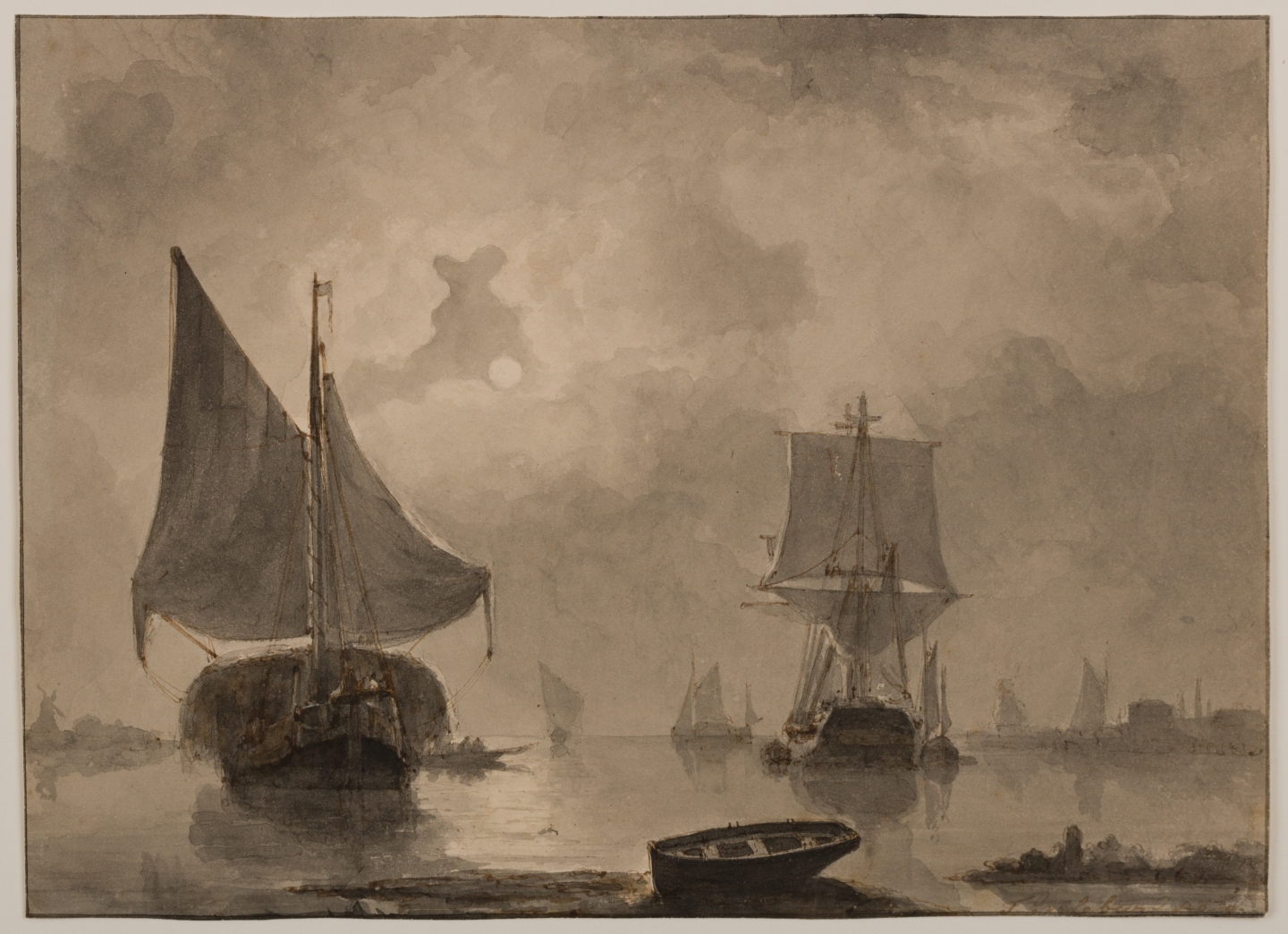 François Carlebur (Dordrecht, 1821-1893) Moored ships at full moon