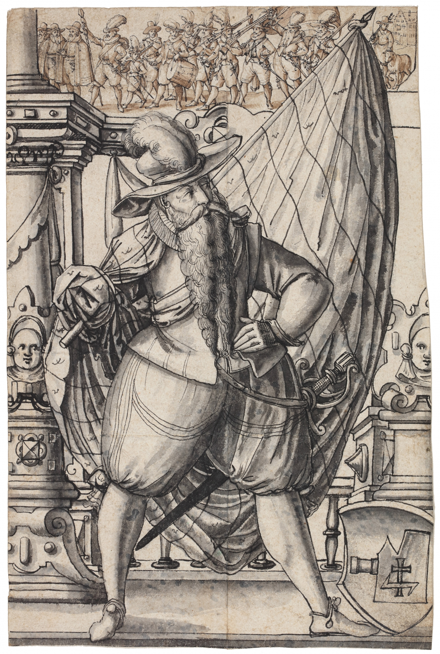 Friedrich Brentel (attr. to) (Lauingen 1580-1651 Strasbourg) and Bartholomäus Lingg (attr. to)(Zug 1555/60-after 1633 Strasbourg) A standard-bearer with a frieze of soldiers