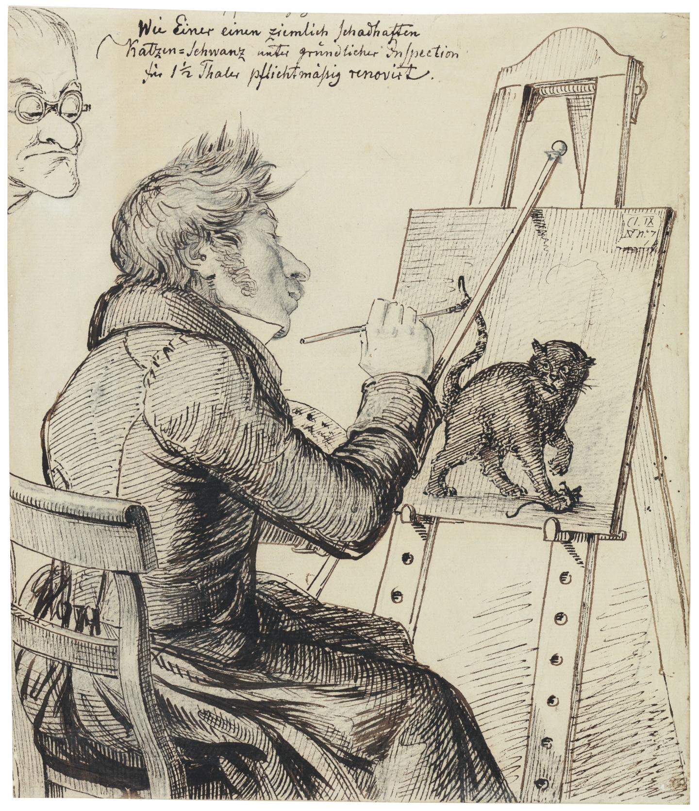 Attributed to Ludwig Emil Grimm (Hanau 1790-1863 Kassel) A painter restoring a portrait of a cat (ca. 1840/50)