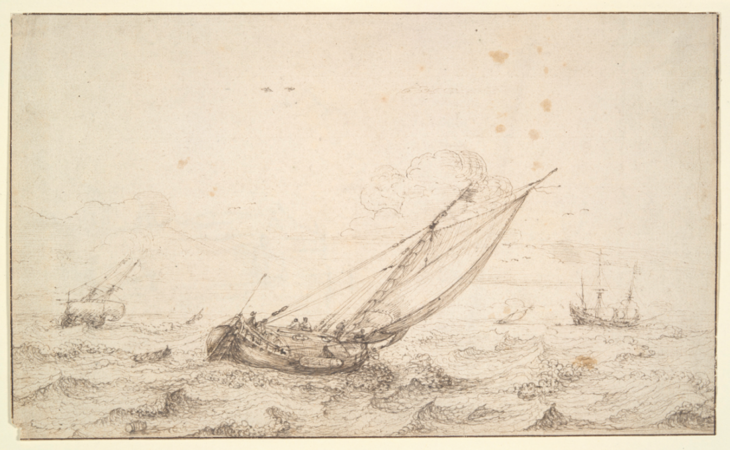 Hendrick Cornelisz. Vroom (Harlem, 1562-1640 Harlem) Beachscene with fishermen bringing in their catch (recto); A ship riding the waves in a stormy sea (verso)