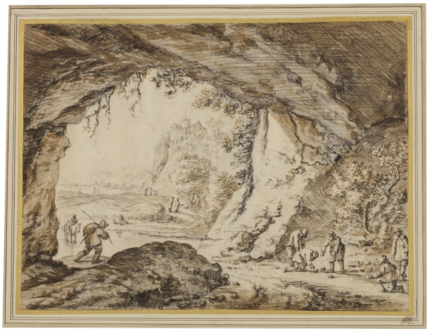 Herman Saftleven (Rotterdam 1609-1685 Utrecht) Boccia players in a grotto, a river landscape in the distance