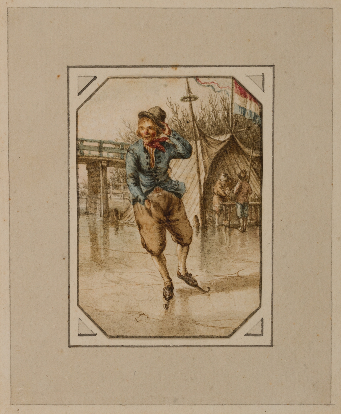 Jacob Cats (Altona 1741-1799 Amsterdam) A young man skating with a koek-and-zoopie in the background