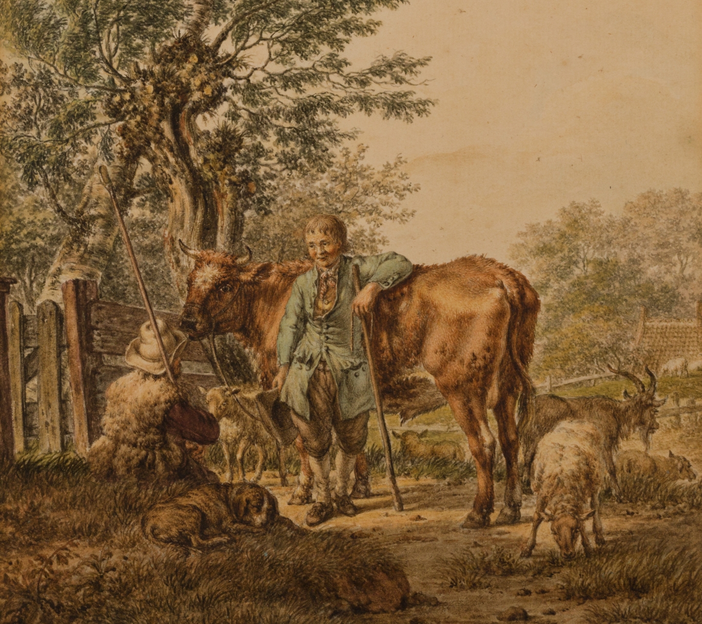 Jacob Cats (Altona 1741-1799 Amsterdam) Two shepherds with a flock of sheep and a bull