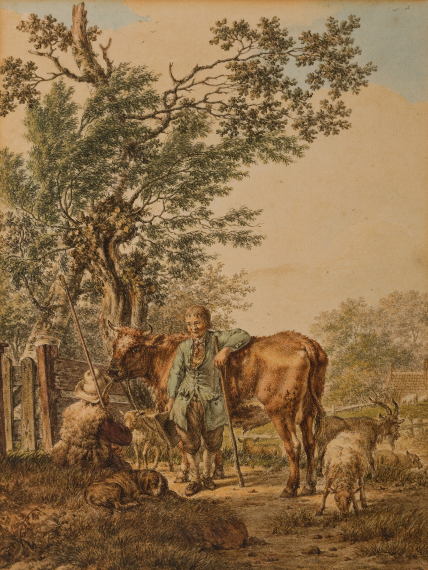 Jacob Cats (Altona 1741-1799 Amsterdam) Two shepherds with a flock of sheep and a bull