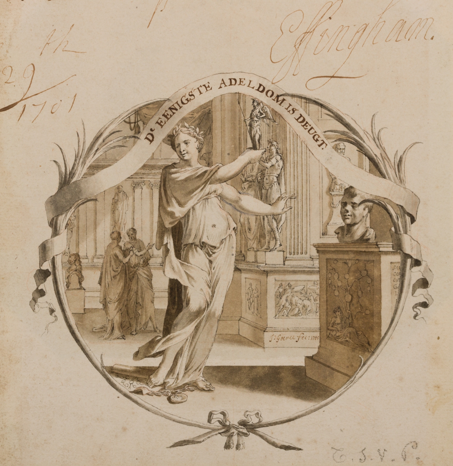 Jan Goeree (Middelburg 1670-1731 Amsterdam) Two emblem designs; D'eenigste adeldom is deugt (recto), Waakt en roept (verso)