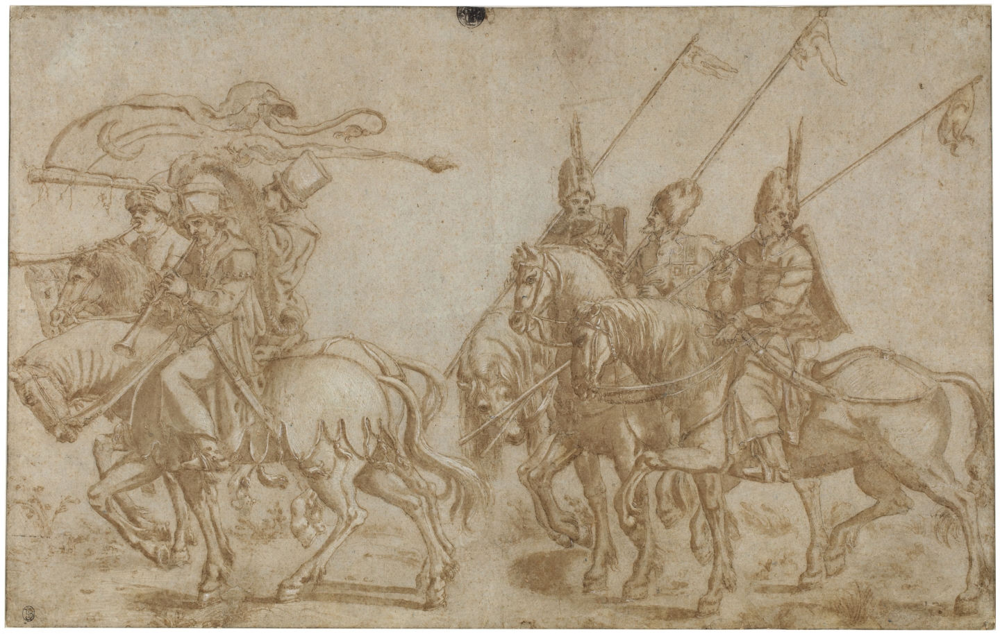 Jan Swart van Groningen and/or Atelier (Groningen c. 1500 – c. 1560 Antwerp) The Procession of Suleiman the Magnificent: Three Horsemen Playing Trumpets Followed by Three Mamluk Horsemen