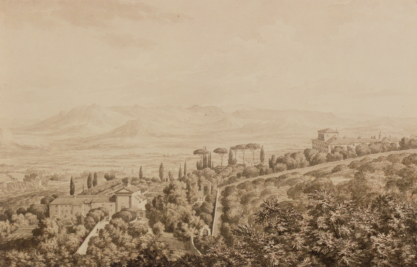Jean Grandjean (Amsterdam, 1752-Rome, 1781) View on Frascati and villa d'Este, seen from villa Conti