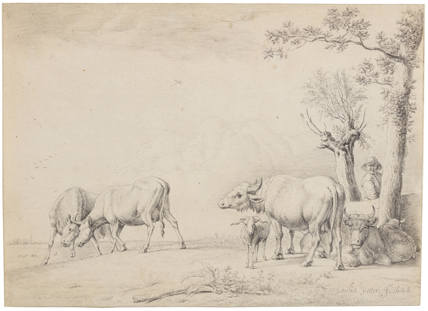 Johannes Huibert Prins (Den Haag 1757-1806 Utrecht) Fighting and resting cattle with shepherd (after Paulus Potter, 1648)
