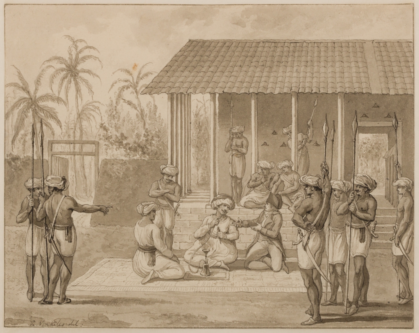 Reinier Vinkeles (Amsterdam 1741-1816 Amsterdam) Jacob Haafner conversing with the 'Jammedaar' in Alamparvé, Ceylon, Jacob Haafner with Anna and the two girls land on the island Caradiva.