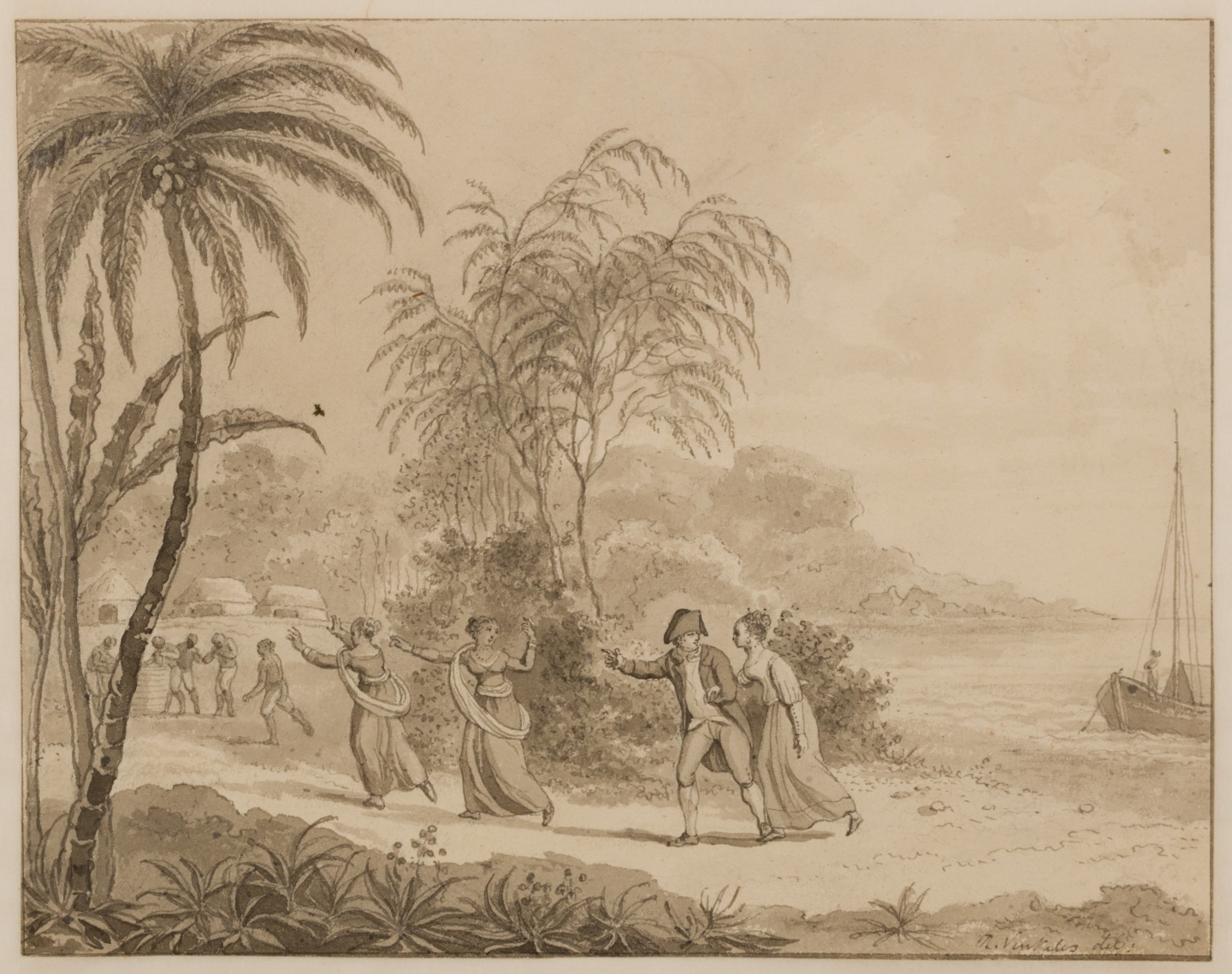 Reinier Vinkeles (Amsterdam 1741-1816 Amsterdam) Jacob Haafner conversing with the 'Jammedaar' in Alamparvé, Ceylon, Jacob Haafner with Anna and the two girls land on the island Caradiva.