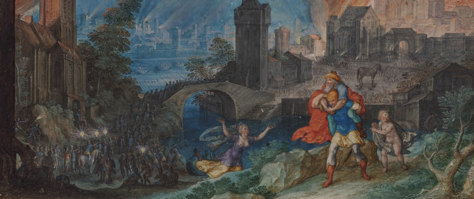Aeneas carying his blind father Anchises out of the burning city of Troy