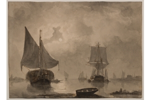 François Carlebur (Dordrecht, 1821-1893) Moored ships at full moon