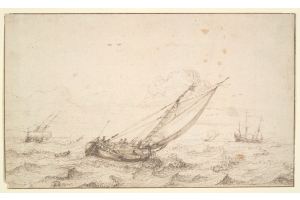 Hendrick Cornelisz. Vroom (Harlem, 1562-1640 Harlem) Beachscene with fishermen bringing in their catch (recto); A ship riding the waves in a stormy sea (verso)