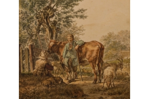 Jacob Cats (Altona 1741-1799 Amsterdam) Two shepherds with a flock of sheep and a bull