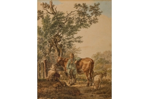 Jacob Cats (Altona 1741-1799 Amsterdam) Two shepherds with a flock of sheep and a bull