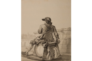 Jacob van Strij (Dordrecht, 1756 - 1815) Man sitting on a wheelbarrow with a beer keg (c. 1787)