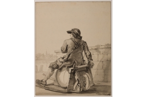 Jacob van Strij (Dordrecht, 1756 - 1815) Man sitting on a wheelbarrow with a beer keg (c. 1787)