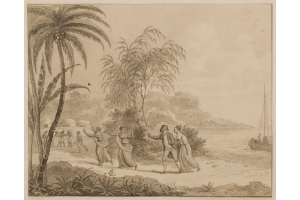 Reinier Vinkeles (Amsterdam 1741-1816 Amsterdam) Jacob Haafner conversing with the 'Jammedaar' in Alamparvé, Ceylon, Jacob Haafner with Anna and the two girls land on the island Caradiva.