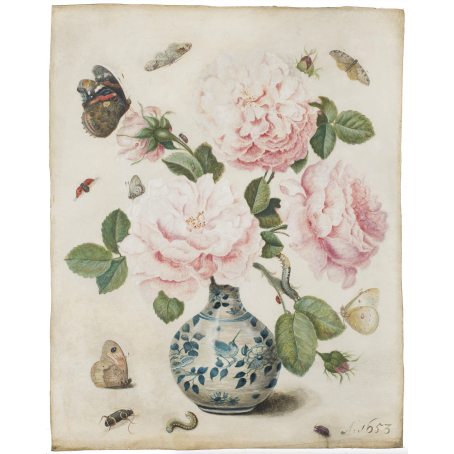 François de Geest Leeuwarden c. 1635-1712 Leeuwarden) A transitional porcelain vase with centifolia roses, butterflies, caterpillars and beetles