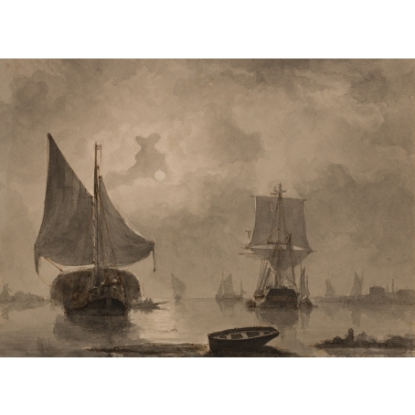 François Carlebur (Dordrecht, 1821-1893) Moored ships at full moon