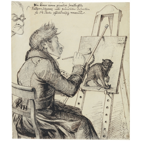 Attributed to Ludwig Emil Grimm (Hanau 1790-1863 Kassel) A painter restoring a portrait of a cat (ca. 1840/50)