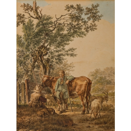 Jacob Cats (Altona 1741-1799 Amsterdam) Two shepherds with a flock of sheep and a bull