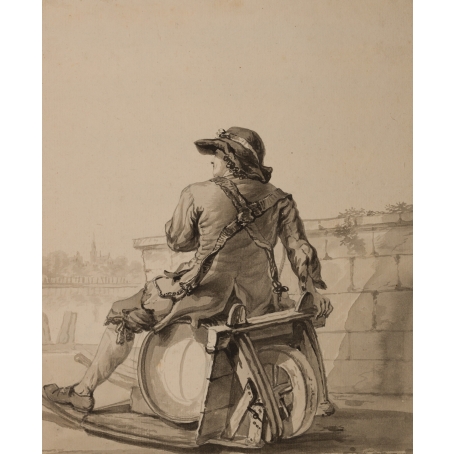 Jacob van Strij (Dordrecht, 1756 - 1815) Man sitting on a wheelbarrow with a beer keg (c. 1787)