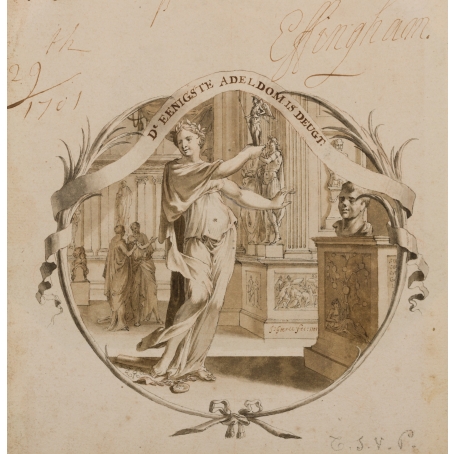 Jan Goeree (Middelburg 1670-1731 Amsterdam) Two emblem designs; D'eenigste adeldom is deugt (recto), Waakt en roept (verso)