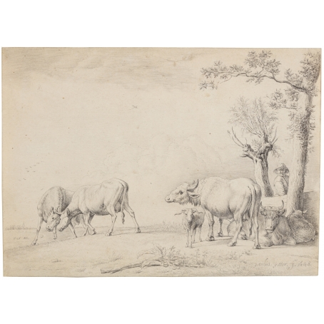 Johannes Huibert Prins (Den Haag 1757-1806 Utrecht) Fighting and resting cattle with shepherd (after Paulus Potter, 1648)