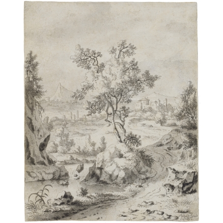 Josua de Grave (Amsterdam, 1643-1712 The Hague) Italianate landscape with rapids (1697)