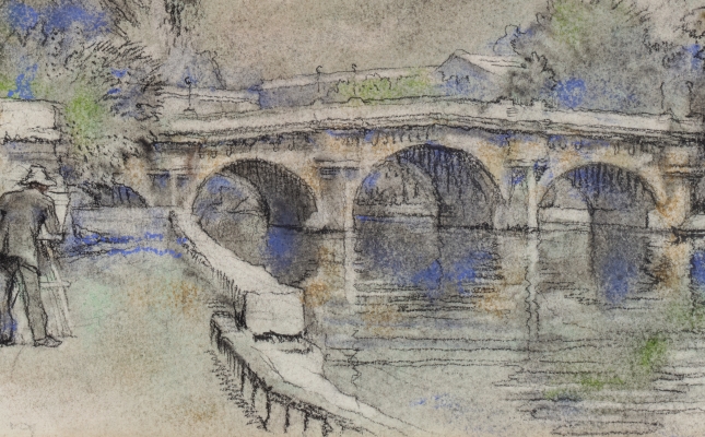 South banks of Pont Neuf overlooking the Louvre (the artist has depicted himself on the lower left while sketching).